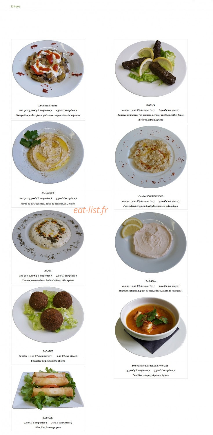 Carte et menu de Délices Méditerranéens à Saint Maurice — Les entrées