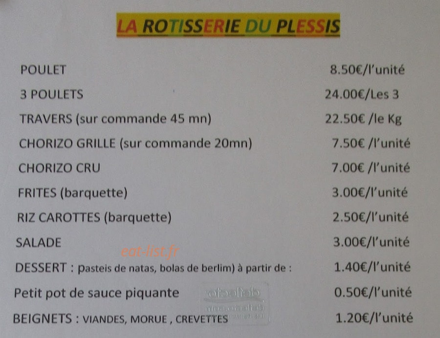 Carte et menu de Rôtisserie du Plessis à Le Plessis Trevise — La carte