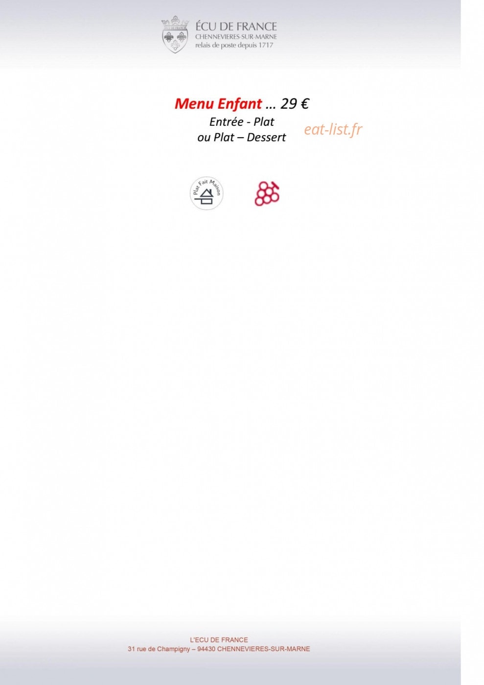 Carte et menu de L'Ecu de France à Chennevieres sur Marne — Menu enfant