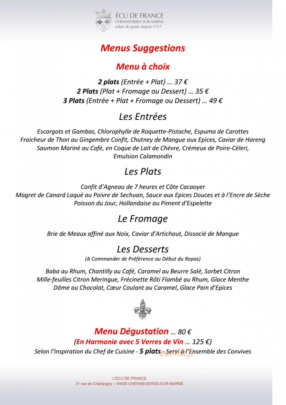 Carte et menu de L'Ecu de France à Chennevieres sur Marne — Menus suggestions et dégustation