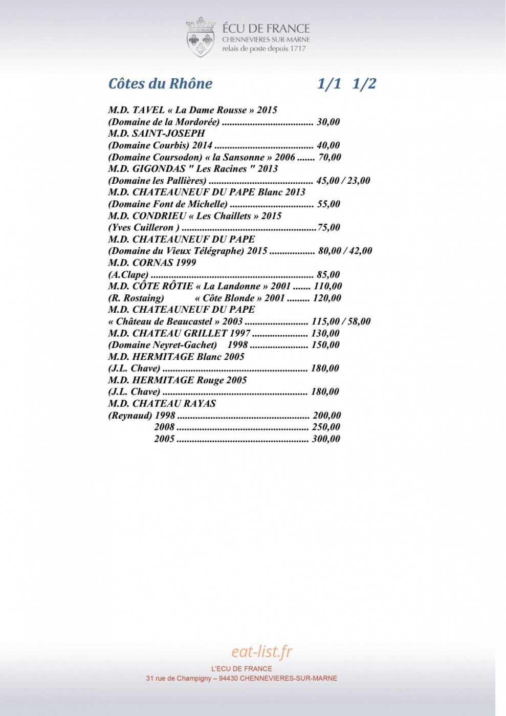 Carte et menu de L'Ecu de France à Chennevieres sur Marne — Vins page 7