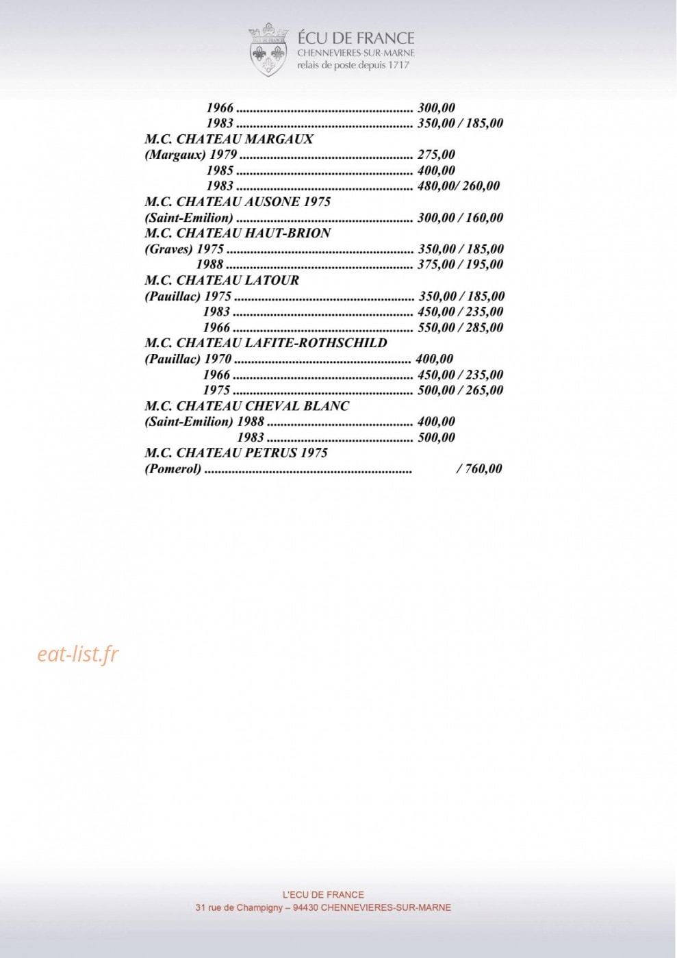 Carte et menu de L'Ecu de France à Chennevieres sur Marne — Vins page 2