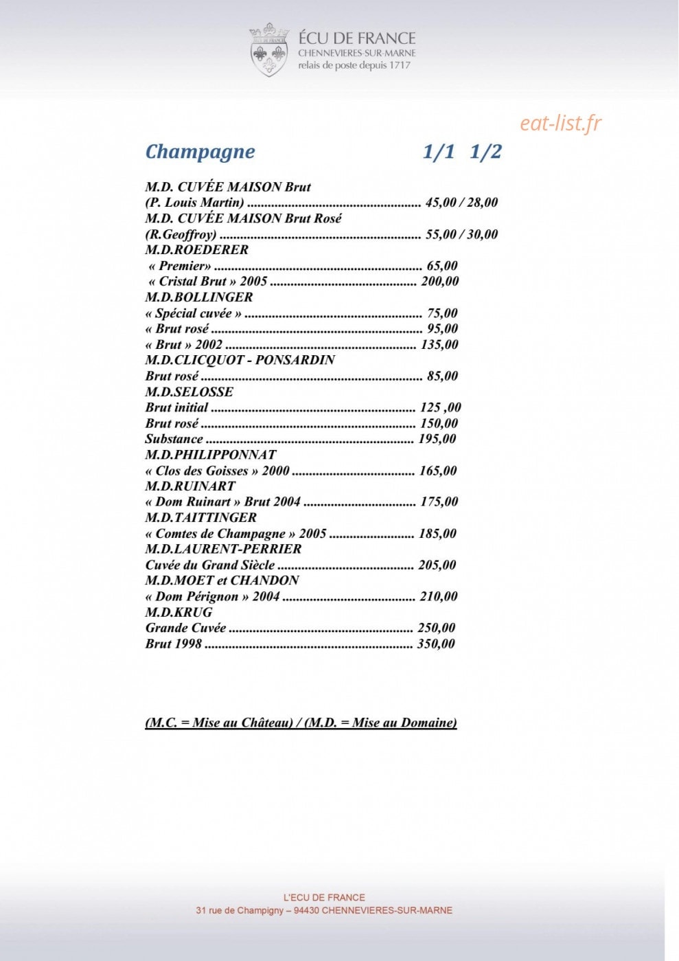 Carte et menu de L'Ecu de France à Chennevieres sur Marne — Vins page 10