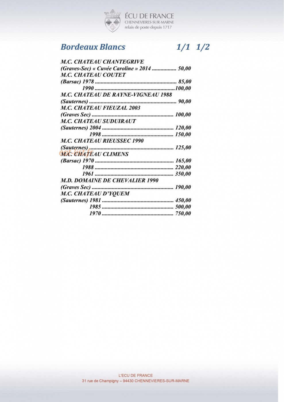 Carte et menu de L'Ecu de France à Chennevieres sur Marne — Vins page 3