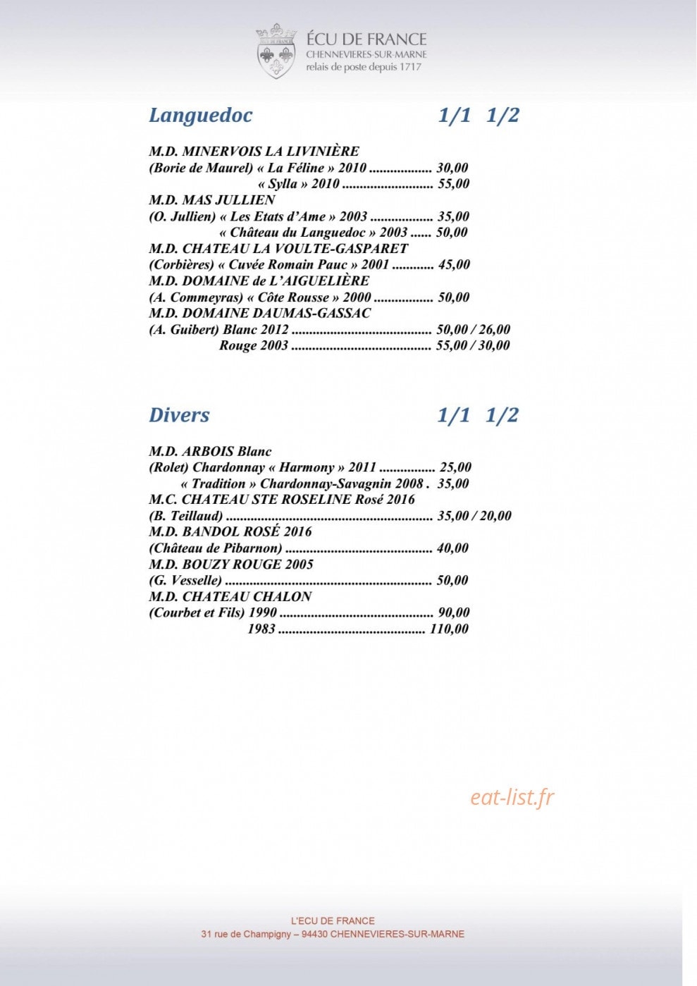 Carte et menu de L'Ecu de France à Chennevieres sur Marne — Vins page 9