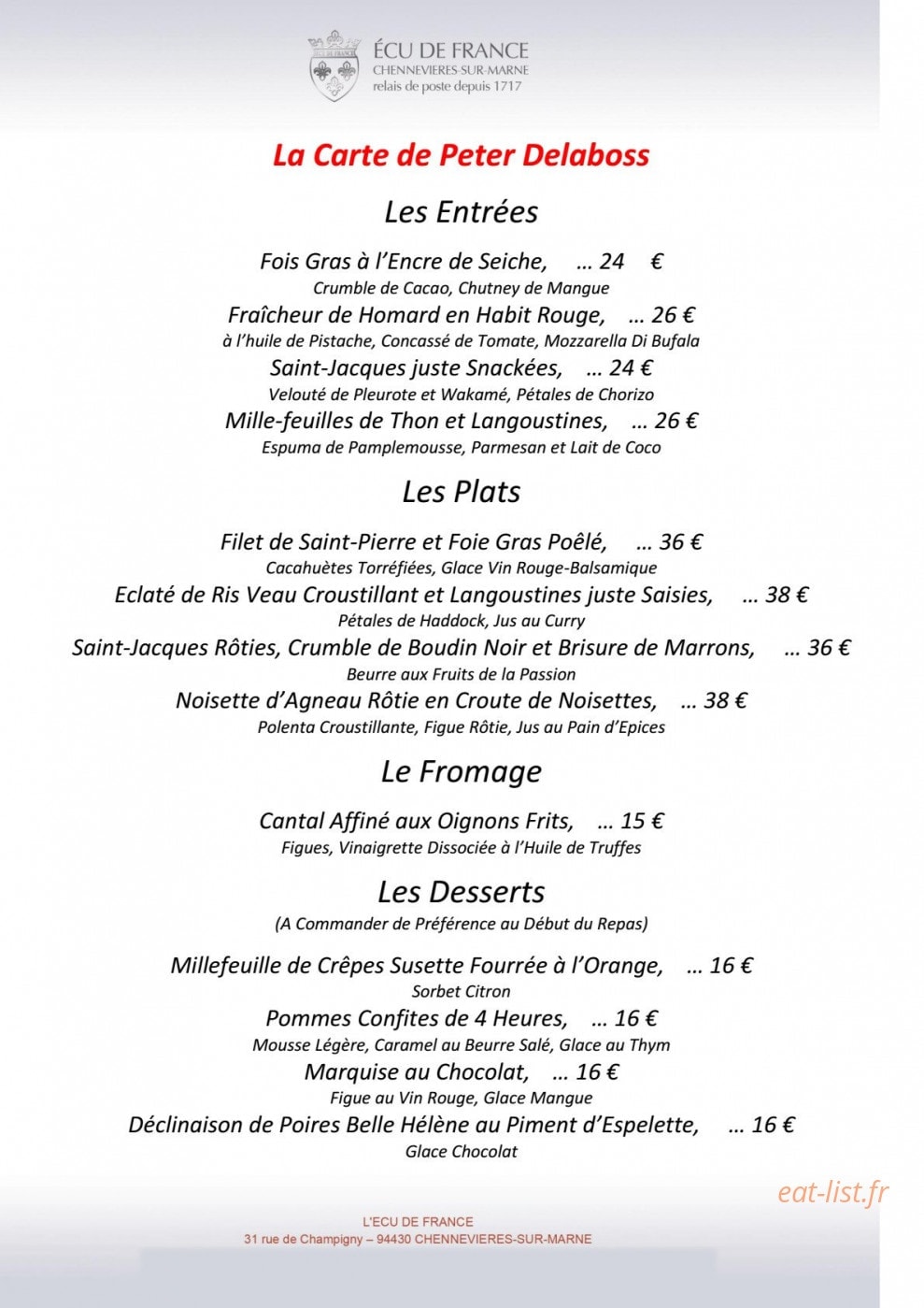 Carte et menu de L'Ecu de France à Chennevieres sur Marne — Entrées, plats, fromages,.....