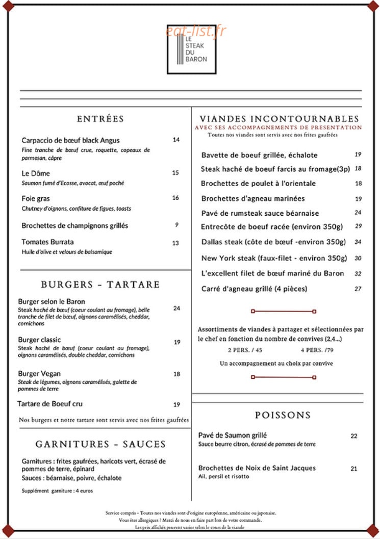 Le Steak du Baron — carte page 1