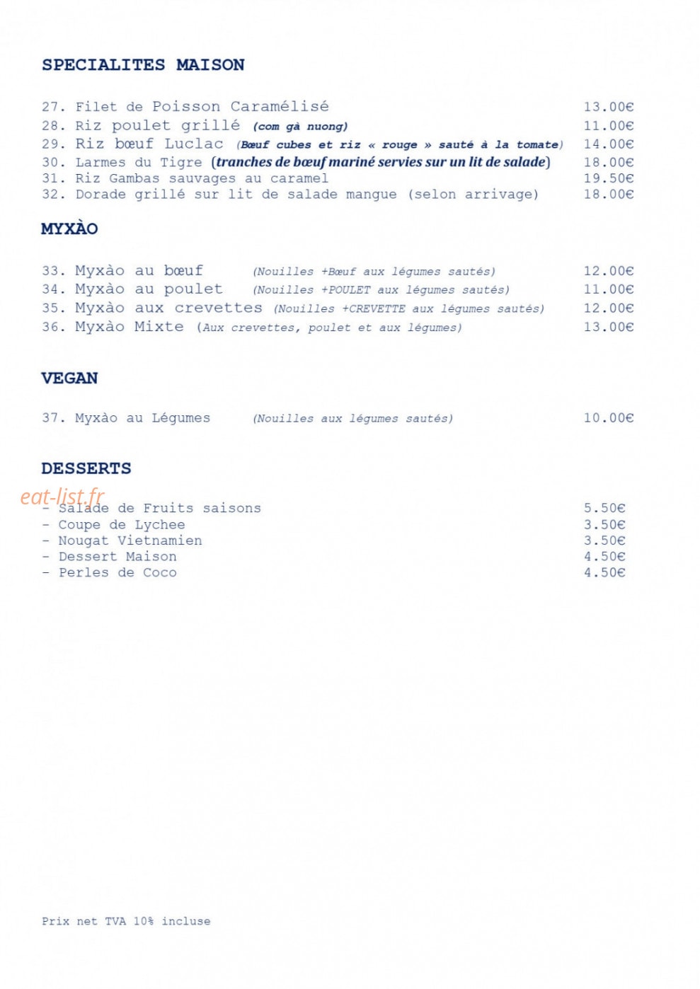 La Petite Table de Saïgon. — carte page 2