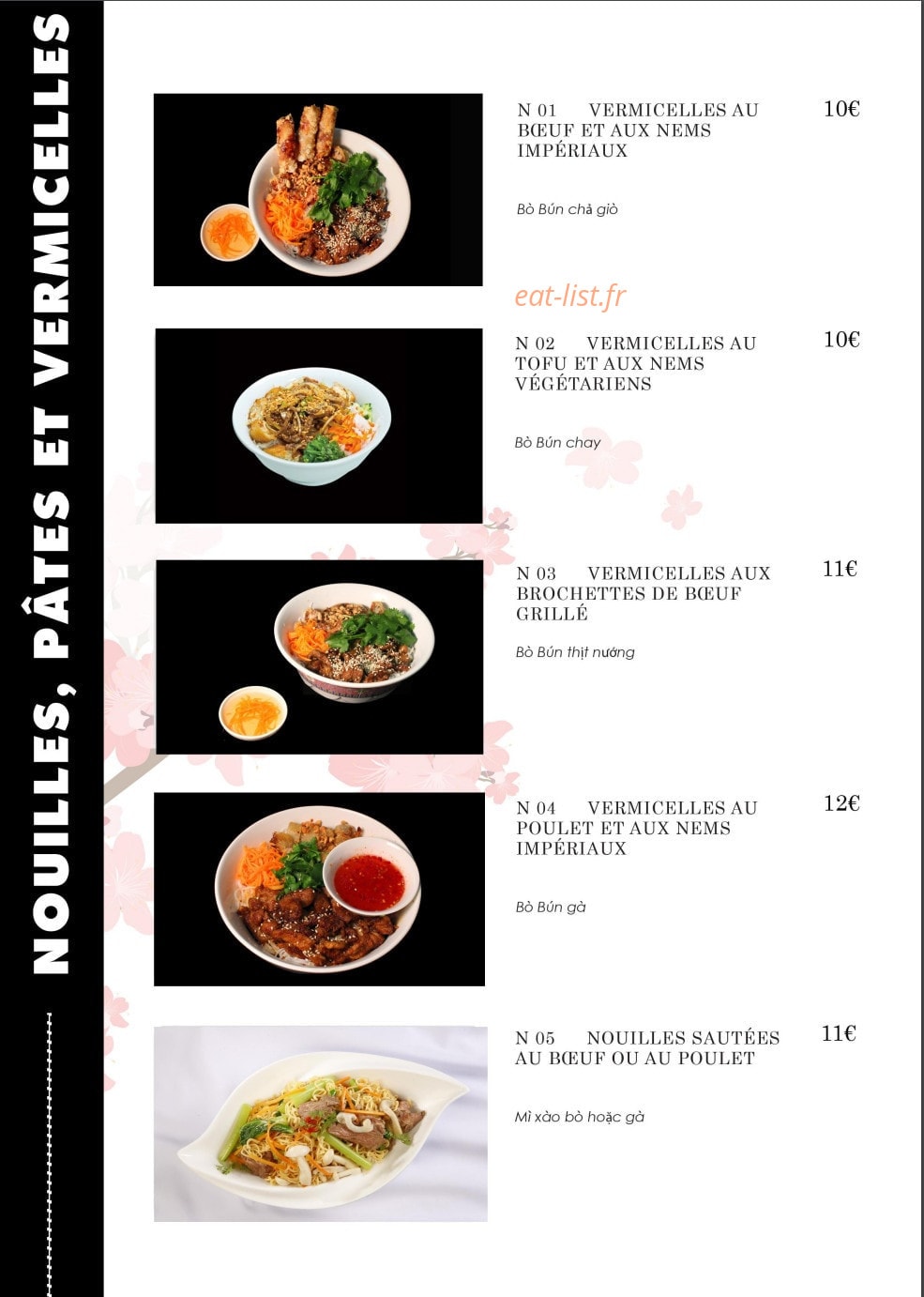 Carte et menu de Ambiance Asie à Villejuif — Les nouilles, pates et vermicelles
