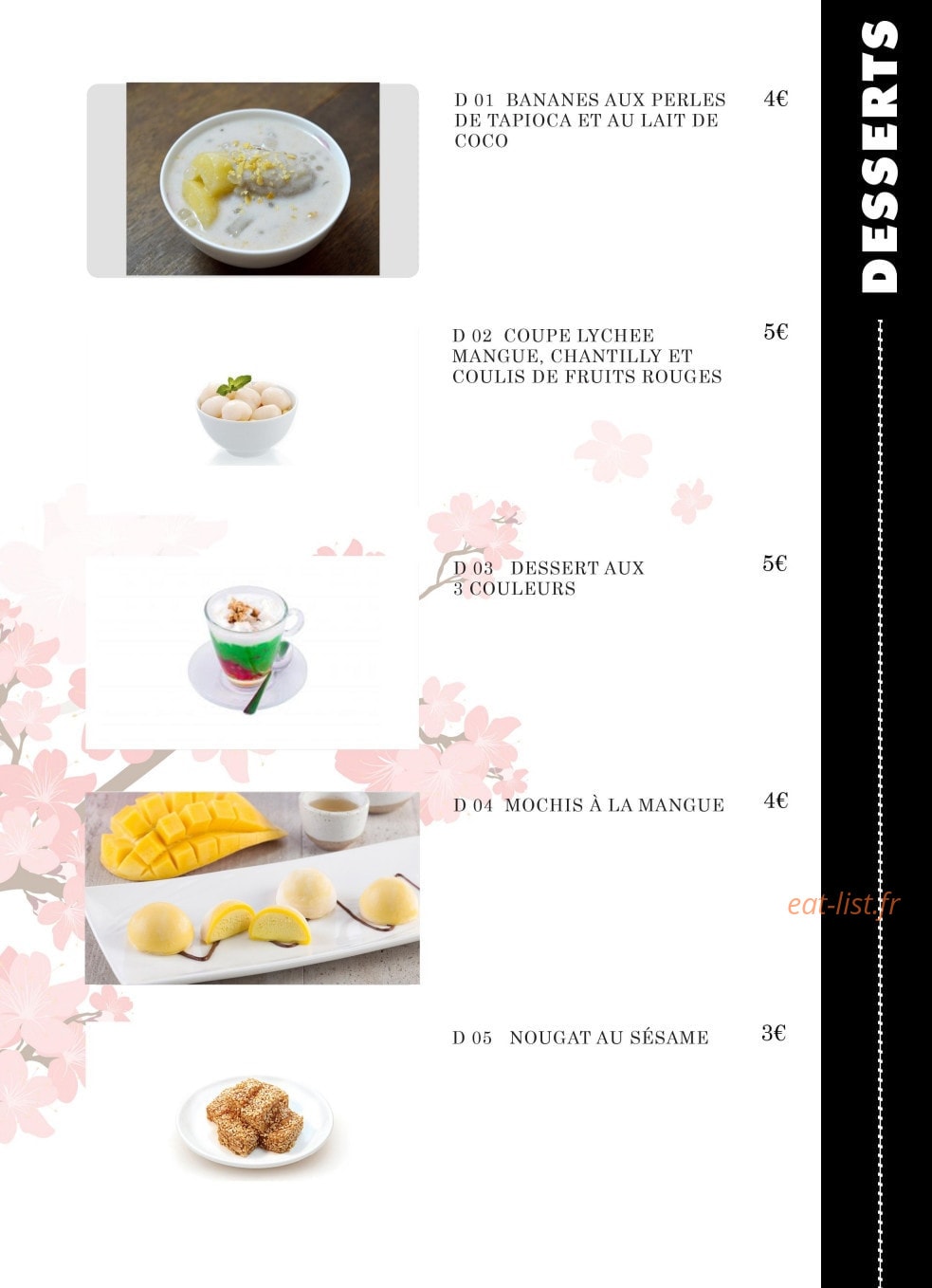 Carte et menu de Ambiance Asie à Villejuif — Les desserts