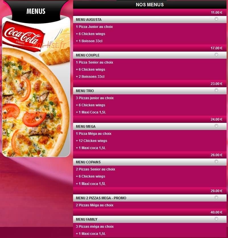 Augusta Pizza — carte page 1
