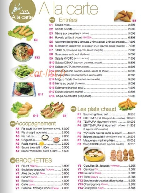 Carte et menu de Kyoto Sushi à Villejuif — Les entrées, plats, accompagnements et brochettes