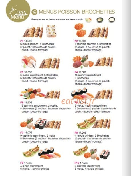Carte et menu de Kyoto Sushi à Villejuif — Les menus poissons brochettes