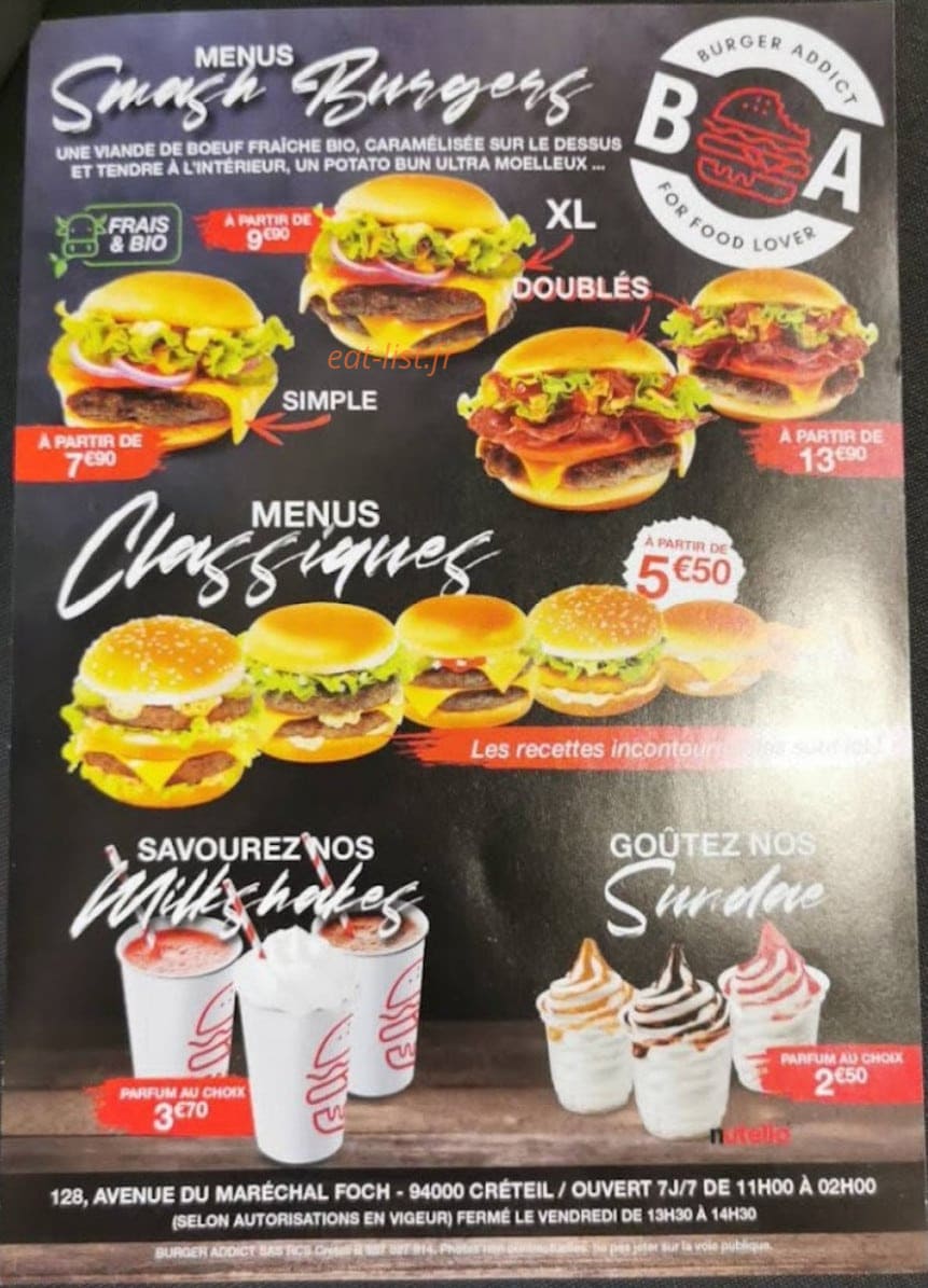 Burger Addict — carte page 1