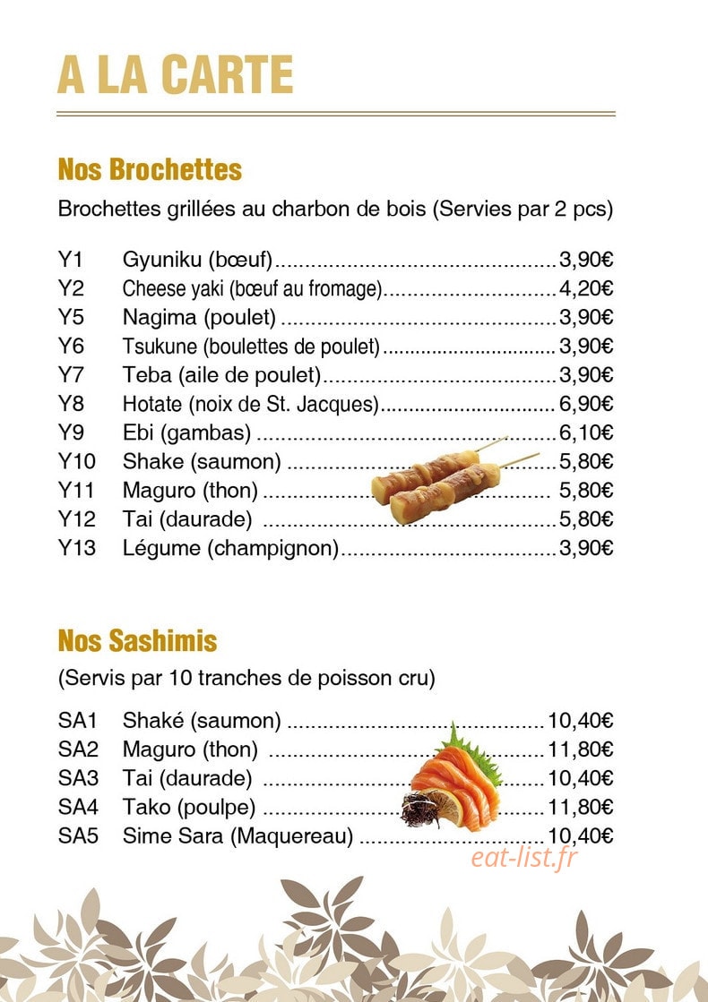 Carte et menu de Cergy Tokyo à Cergy — Les brochettes et sashimis