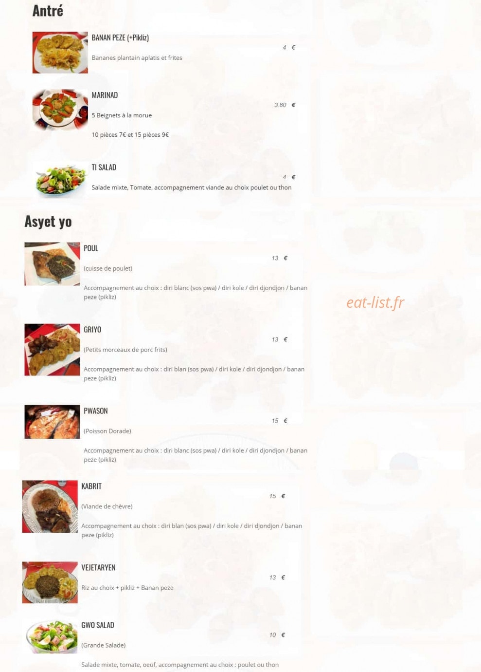 Ayiti Cherie Restoran — carte page 1