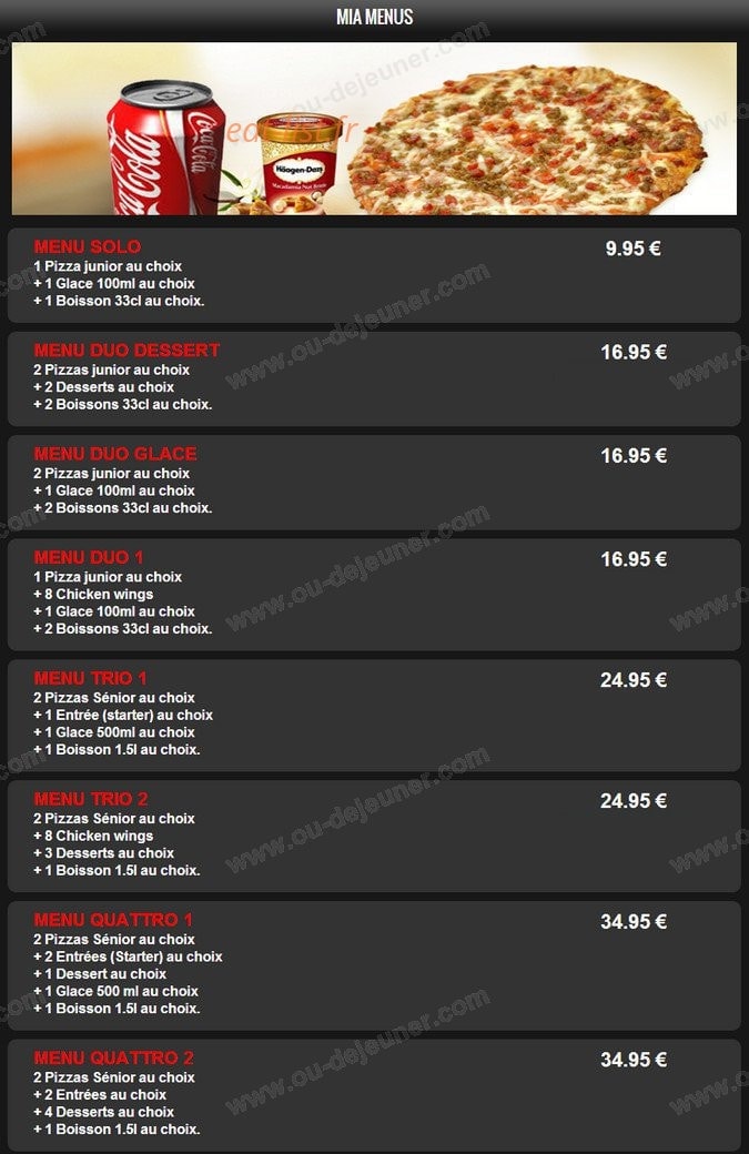Mia Pizza — carte page 1