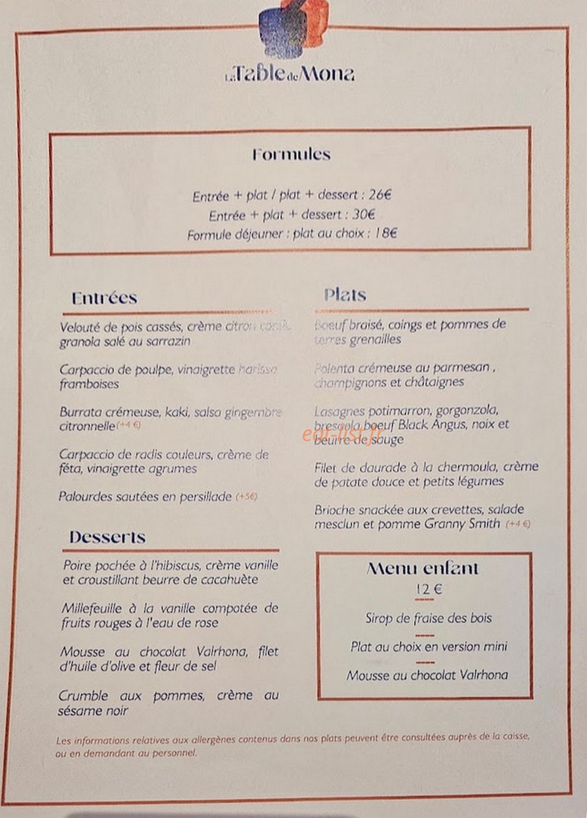 La Table de Mona — carte page 1