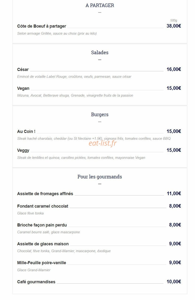 Au Coin Bistrot — carte page 2