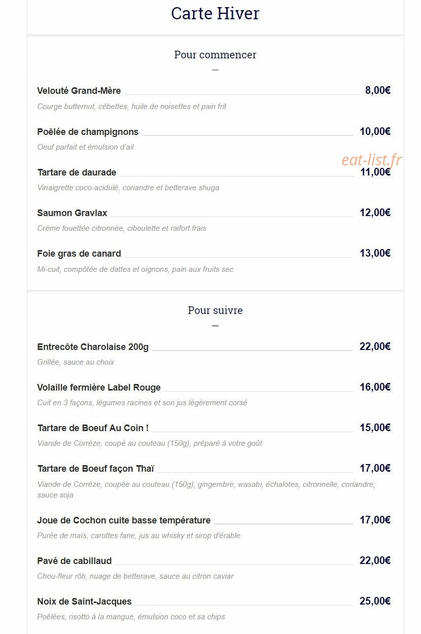 Au Coin Bistrot — carte page 1