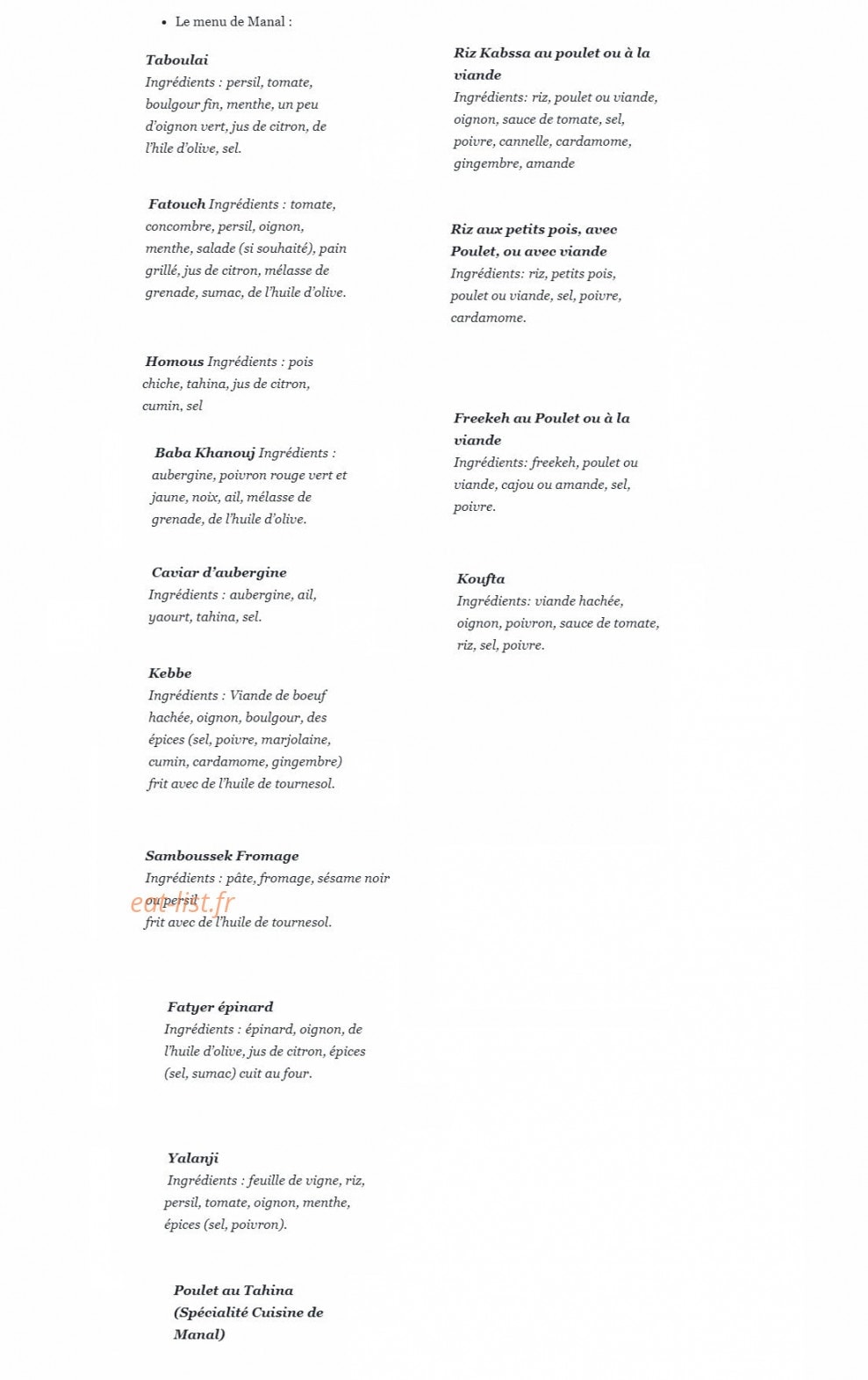 La petite cuisine de Manal — carte page 1