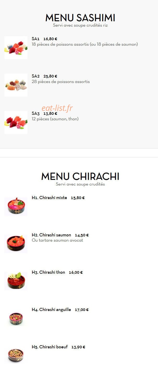 Carte et menu de Nouveau Tokyo Sakura à Franconville — Menu sashimi et chirachi