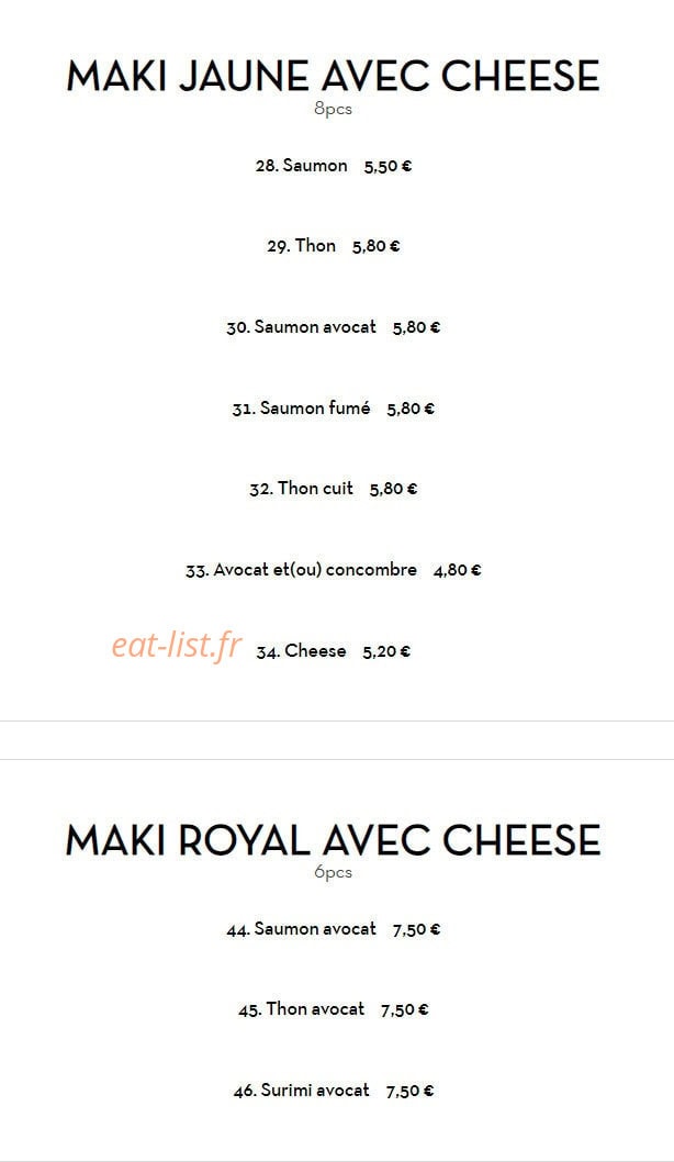 Carte et menu de Nouveau Tokyo Sakura à Franconville — Maki jaune et maki royal