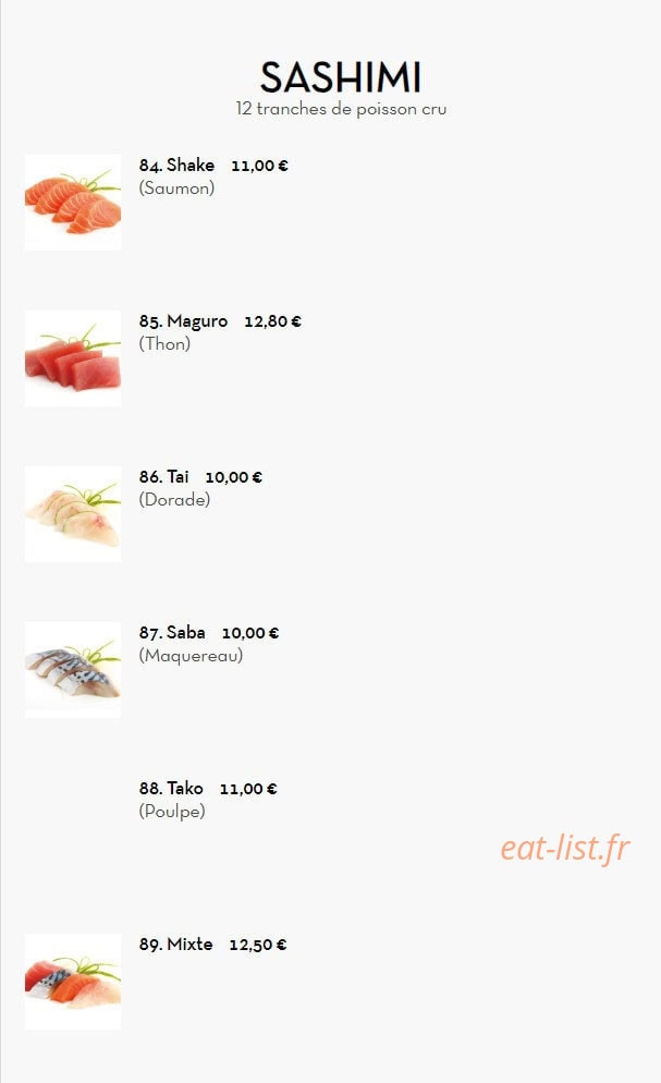 Carte et menu de Nouveau Tokyo Sakura à Franconville — Sashimi