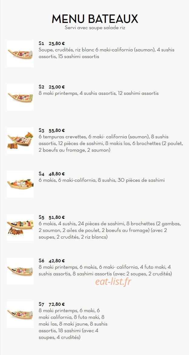 Carte et menu de Nouveau Tokyo Sakura à Franconville — Menu bateaux