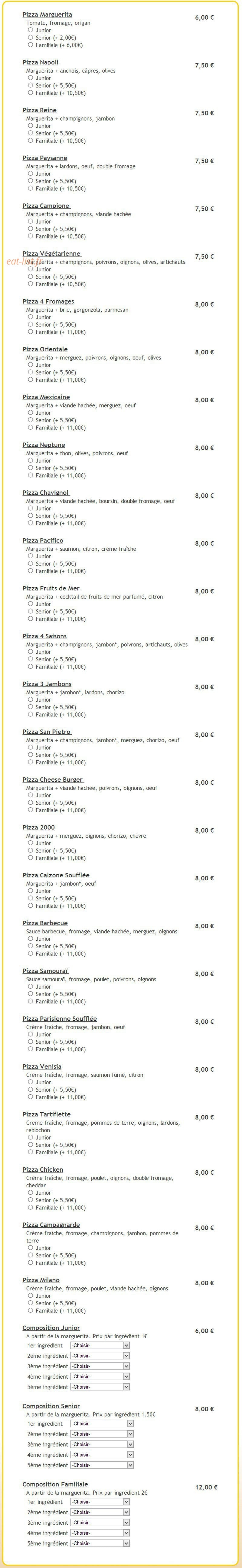 Espace Pizza — carte page 1