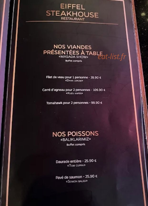 Eiffel steakhouse — carte page 1