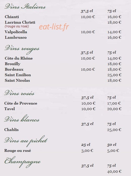 Carte et menu de Les Cygnes - " Chez Alain " à Saint Gratien — Les vins