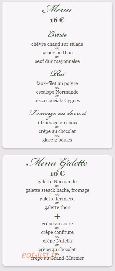 Carte et menu de Les Cygnes - " Chez Alain " à Saint Gratien — Le menu à 16€ et menu galette