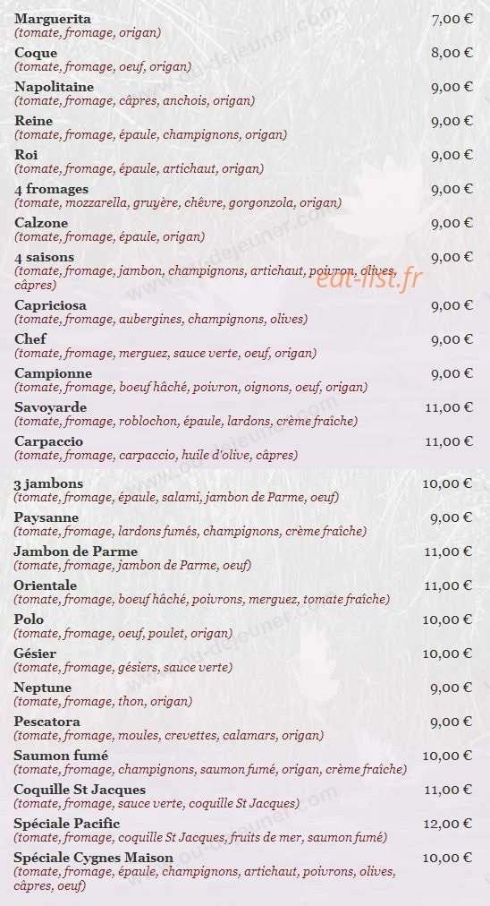 Carte et menu de Les Cygnes - " Chez Alain " à Saint Gratien — Les pizzas