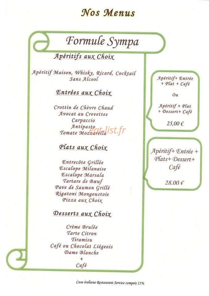 Carte et menu de Casa Italiana à Soisy Sous Montmorency — Les menus