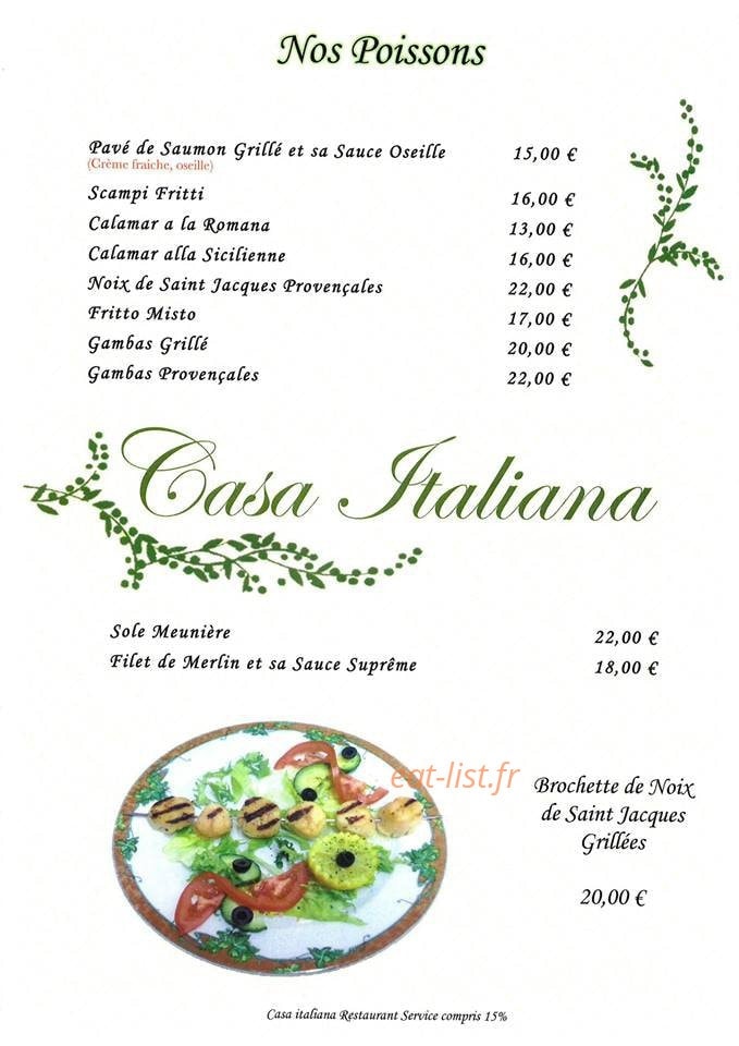 Carte et menu de Casa Italiana à Soisy Sous Montmorency — Les poissons