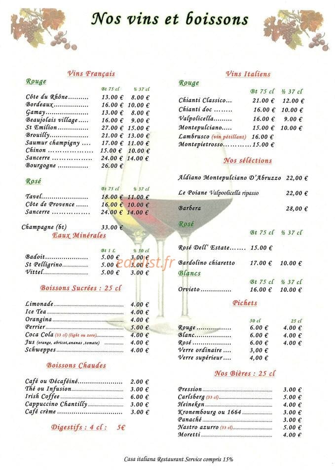 Carte et menu de Casa Italiana à Soisy Sous Montmorency — Les vins et boissons