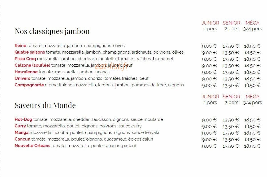 Univers Pizza — carte page 1