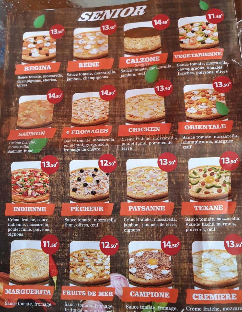 Carte et menu de Café de la mairie à Belloy en France — Les pizzas senior