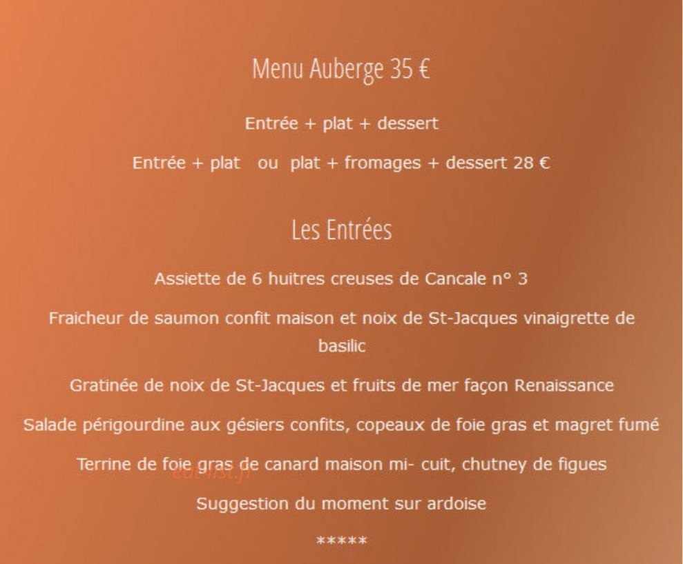 Auberge de la Renaissance — carte page 1