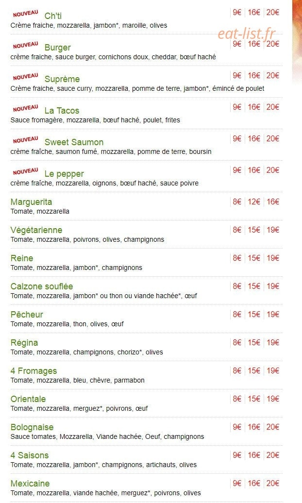 Urban Pizza — carte page 1