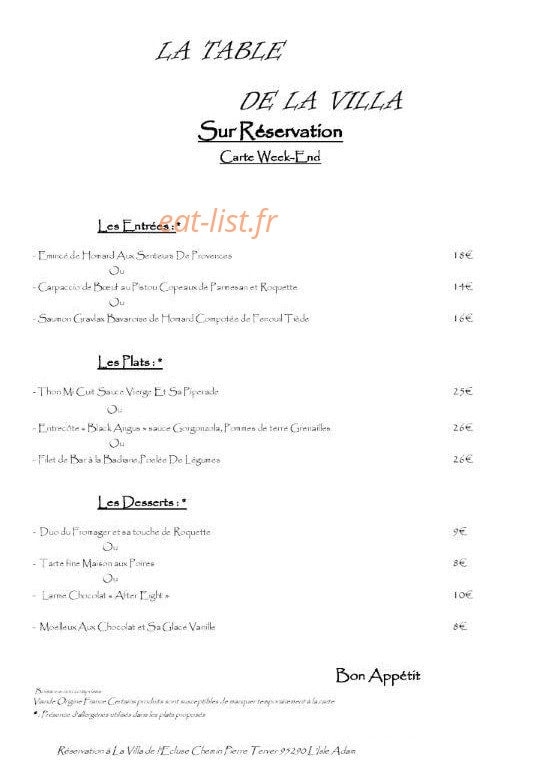 La Table de la Villa — carte page 2