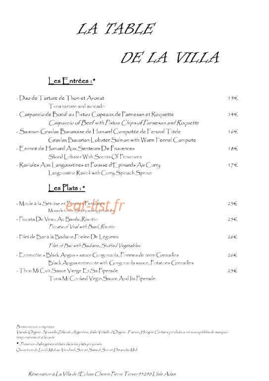 La Table de la Villa — carte page 4