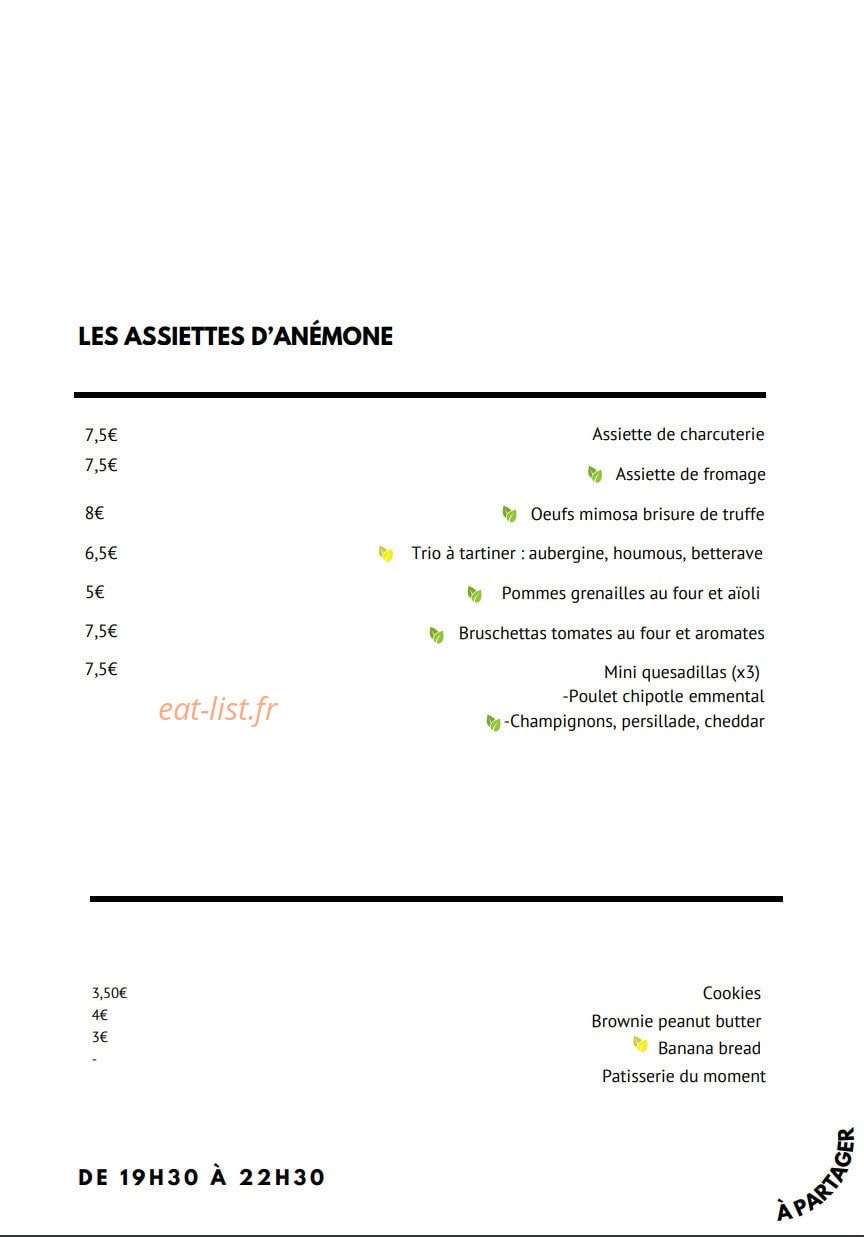 Anémone Café — carte page 1