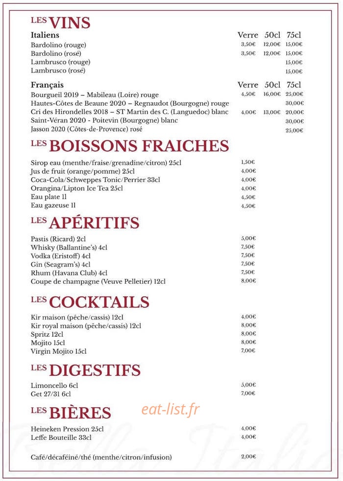Carte et menu de Bella Italia à Magny en Vexin — Les vins, apéritifs et digestifs,...