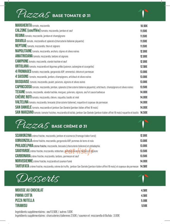 Carte et menu de Bella Italia à Magny en Vexin — Les pizzas et desserts