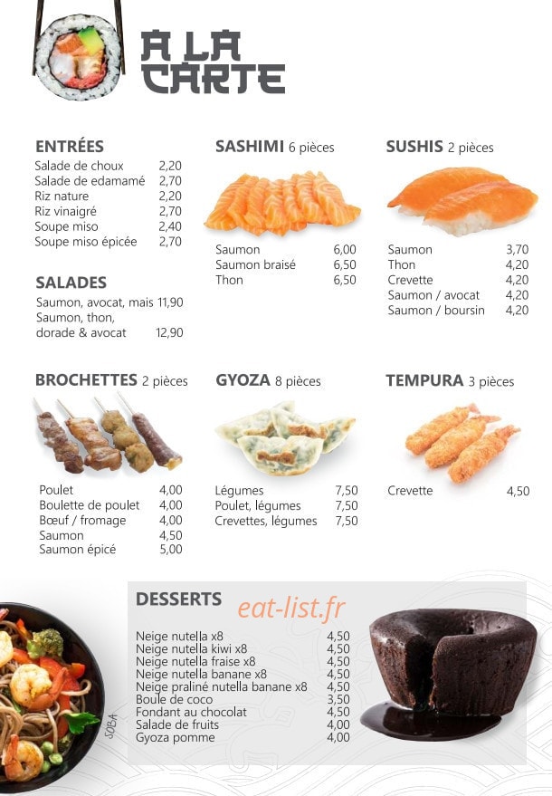 Carte et menu de L'Atelier du Sushi à Magny en Vexin — Le menu à la carte