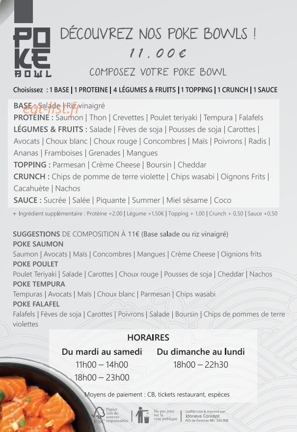 Carte et menu de L'Atelier du Sushi à Magny en Vexin — Les poke bowl