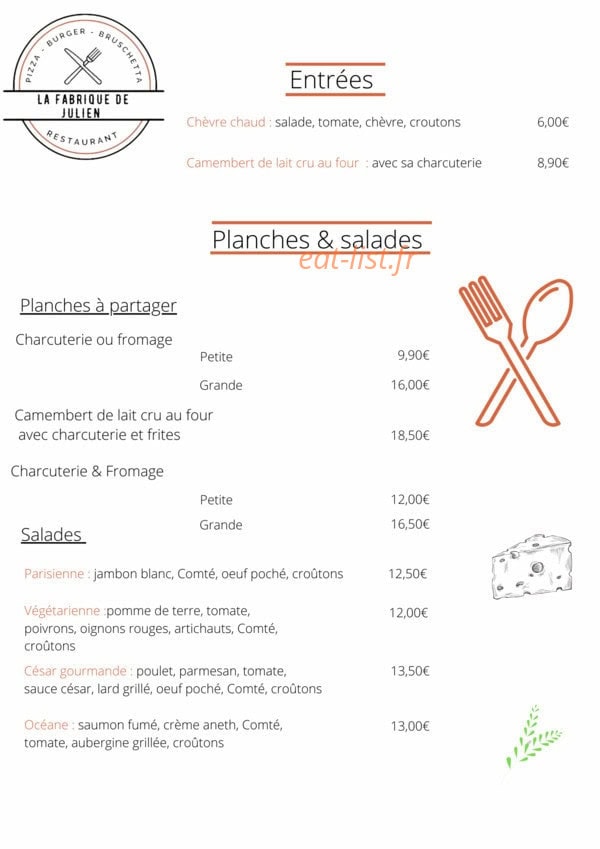 Carte et menu de La fabrique de Julien à Magny en Vexin — Les entrées, planches, ...