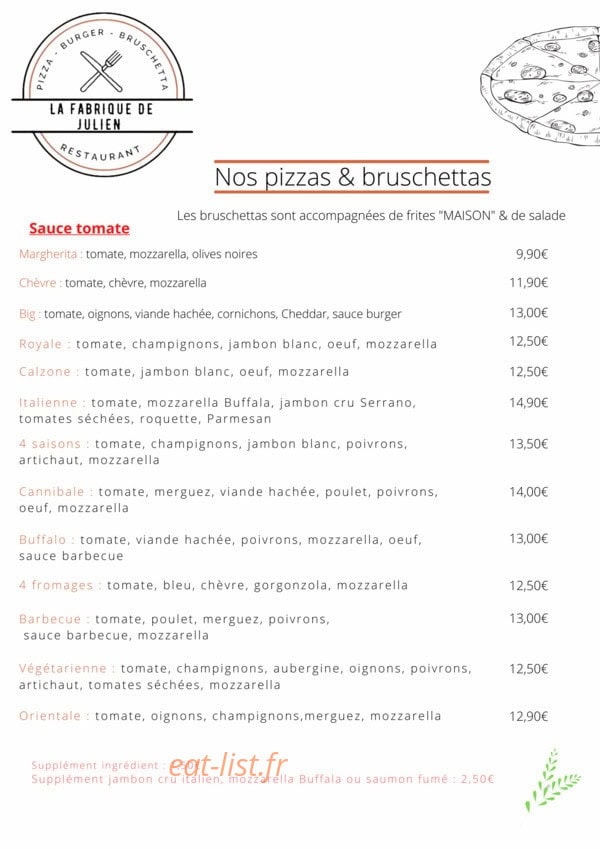 Carte et menu de La fabrique de Julien à Magny en Vexin — Les pizzas tomates